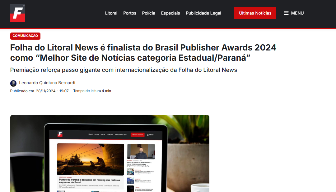 Folha do Litoral News é finalista no Brasil Publisher Awards